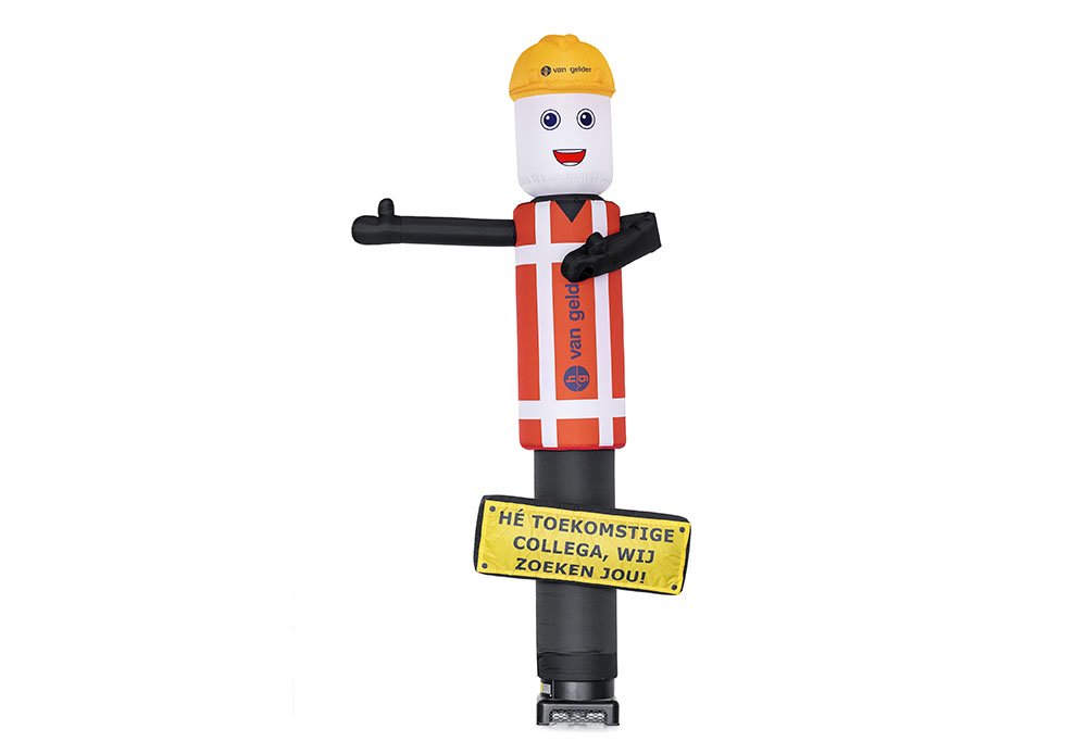 Gepersonaliseerde 3.8 meter hoge Van Gelder 3D waving skyman skytubes met vervangbare 3D borden laten maken bij JB Promotions Nederland. Promotionele inflatable tubes in alle soorten en maten razendsnel op maat gemaakt